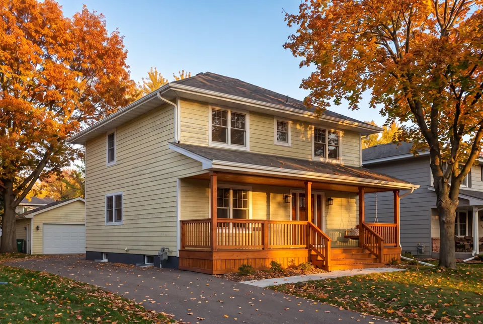 A two-story home before repainting, then shown in the paint color you pick